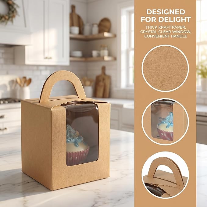 Jucoan 100 Pack Cupcake Box, Kraft Paper Individual Cupcake Container with Window and Handles, Bulk Single Cupcake Packaging Box for Muffin, Cocoa Bomb, Party Favor Pastry Treat Boxes