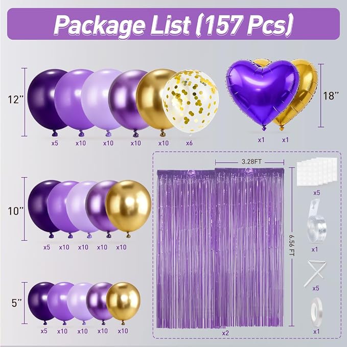 157Pcs Purple and Gold Balloons Garland Arch Kit with Fringe Curtain for Girl Princess Woman Birthday Bridal Baby Shower Engagement Wedding Party Decorations
