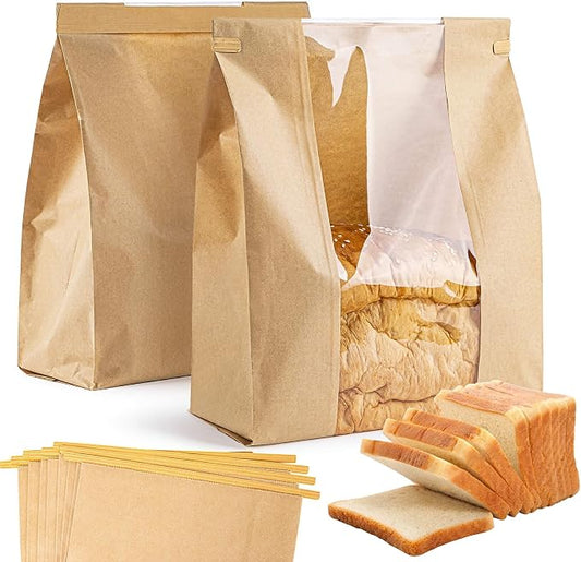 MAQIHAN 33PCS Bread Bags with Reusable Ties - Homemade Sourdough Bread Storage Brown Paper Bagel Loaf Bakery Bags with Window Toast Bags with Resealable Tie Disposable Baked Goods Sale Packaging