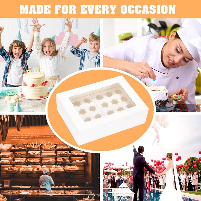 JJO Mini Cupcake Box 5 Pack,Holds 24 Mini Cupcakes,Cupcake Holder, 14x10x4 Inch White Bakery Boxes with Window for Birthday Holiday Party Bakery