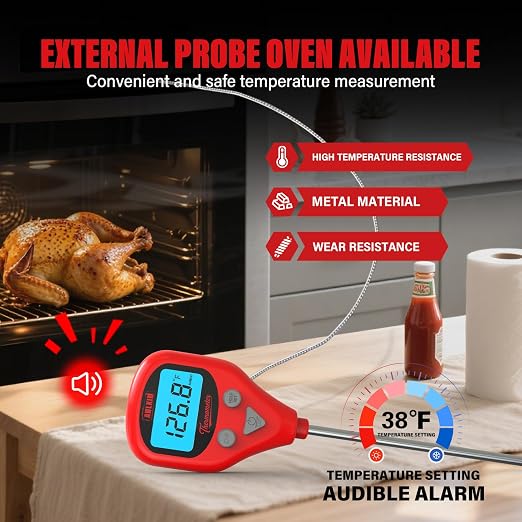 AWLKIM Digital Meat Thermometer with Dual Probes, Wine Red - Instant Read Food Thermometer with 1m Leave-in Probe, Alarm, Backlit LCD, IP67 Waterproof & USB-C Rechargeable for Grilling, BBQ, Smoking