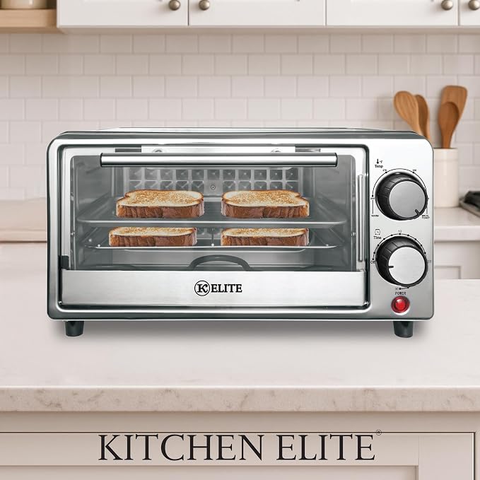 Kitchen Elite Toaster Oven, Compact Countertop Appliance with Bake Tray, Wire Rack, Adjustable Timer, and Temperature Control, Black