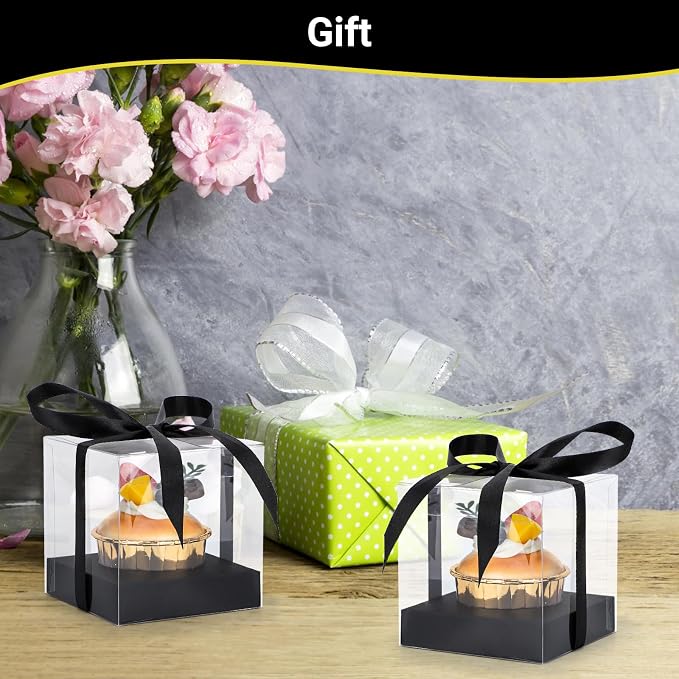 EUSOAR Clear Cupcake Boxes, 12pcs 3.5 Inch Plastic Individual Cupcake Containers Holder Storage for Cake, Single Transparent Cupcake Carrier with Ribbon and Inserts for Wedding Party-Black