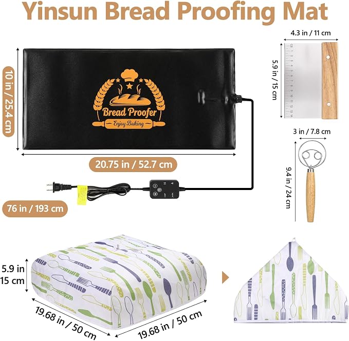 Yinsun Sourdough Warmer Bread Proofer with 24H Timer and Insulating Cover, 32°F - 122°F Adjustable Sourdough Warming Mat, Sourdough Starter Kit for Home Baker with Dough Scraper & Whisk