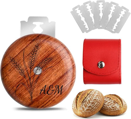 Custom Engraved UFO Bread Lame - Personalized Sourdough Scoring Tool for Artisan Bread Baking, Bread Scorer Tool Set with 5 Professional Stainless Steel Blades, Baker Gift Idea (Design E-Red Pouch)