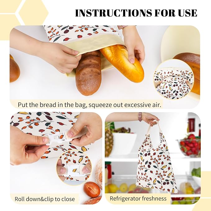 2 Pack Beeswax Bread Bags - 17x13 Inch Reusable Bread Storage Bags,Bees Wax Lined Bread Bags for Home Cooks fresh bread storage Easy Clean (Berry orange)