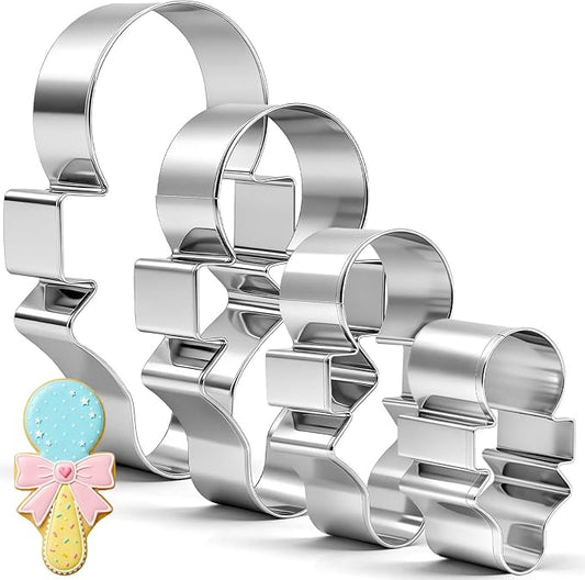 Havawish 4 Pcs Cookie Cutter Set 2 in to 5 in Cookie Cutter Stainless Steel for Baking Fondant Fruit Bread Birthday Party Decorations (Rattle with Bow)