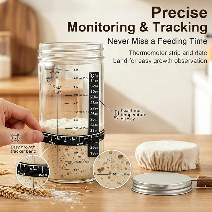 4 Pack Sourdough Starter Jar, 22 oz/650ml Wide Mouth Glass Jar Kit with Feeding Date Band, Thermometer, Silicone Spatula & Breather Cloth Cover, Ideal for Bread Making, Home Baking Beginners