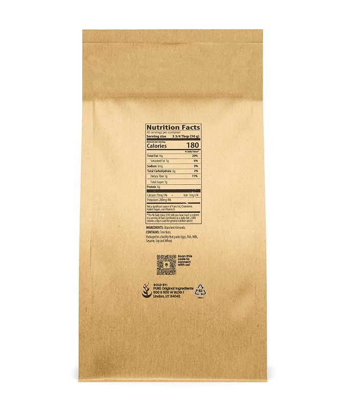 Pure Original Ingredients Almond Flour (3 lb) Blanched Almonds, Extra Fine, Grown in California
