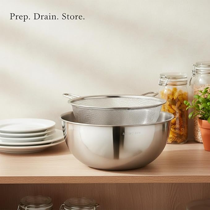 Stainless Steel Mixing Bowl Set with Nested Strainer, 2-in-1 Prep Basin for Washing, Draining, and Mixing