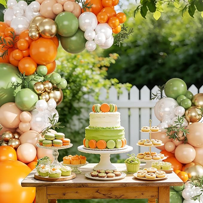 Orange and Green Balloon Arch kit, 124Pcs Sage Green Orange Nude Gold Pearl White Balloons for Birthday Bridal Shower Wedding Gender Reveal Little Cutie Baby Shower Decorations