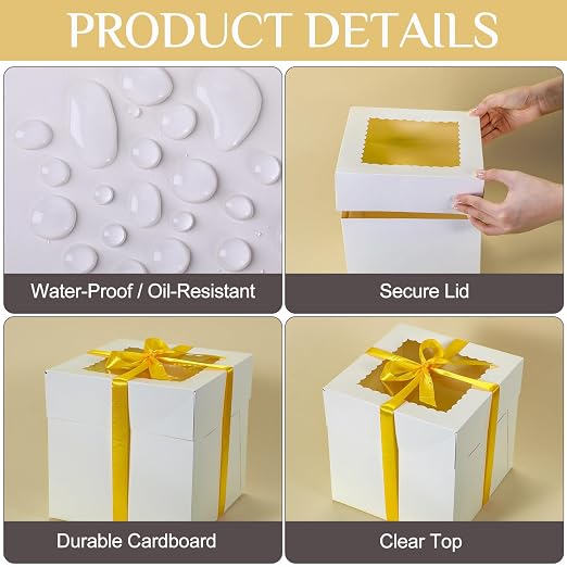 Teenyyou 48 Pcs Cake Boxes with Boards 24 Baking Boxes with Window 24 Cake Boards 2 Rolls Silk Ribbon Large Square Baking Storage in 3 Sizes 12x12x8, 10x10x8, 8x8x8 Inch Disposable Dessert Containers