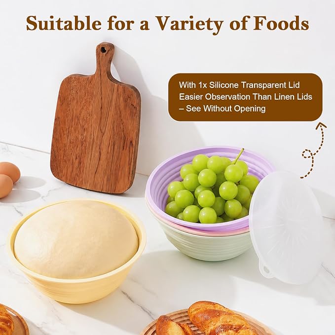 4 Pack Silicone Banneton Bread Proofing Baskets, 9" Collapsible Non-Stick Sourdough Proofing Bowls for Bread Baking, Round Dough Rising Baskets