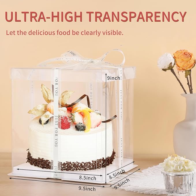 JCD 10inch Large Transparent Cake Box,6 Pcs Clear Cake Boxes with Ribbon,10x10x9inch,Suitable for 8" or 9" cakes, Tall Cake Carrier for Display and Gift Packaging(Clear Lid, 10 * 10 * 9inch/6Pcs)
