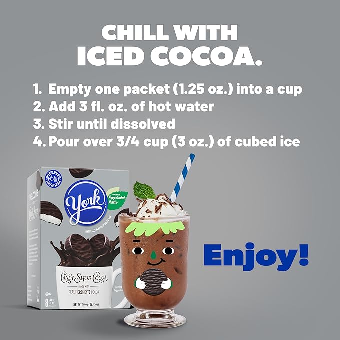 Candy Shop Cocoa YORK Peppermint Iced Cocoa Mix, 1.25 oz, 24 Pack | YORK Peppermint cocoa mix with rich chocolate and cool peppermint flavor; just add water for smooth, hot or iced drinks