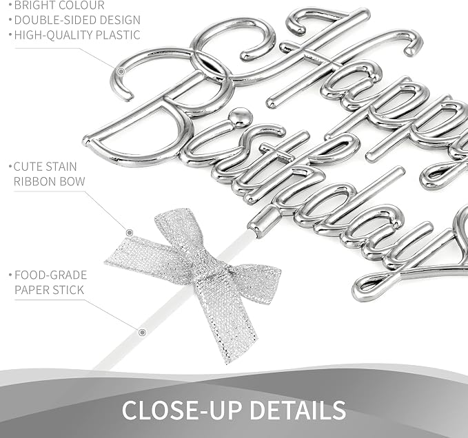 Silver Happy Birthday Cake Topper Plastic - 3D Double Sided Cursive Happy Birthday Sign for Cake with Bow, Idea for Cake Decoration (SILVER)