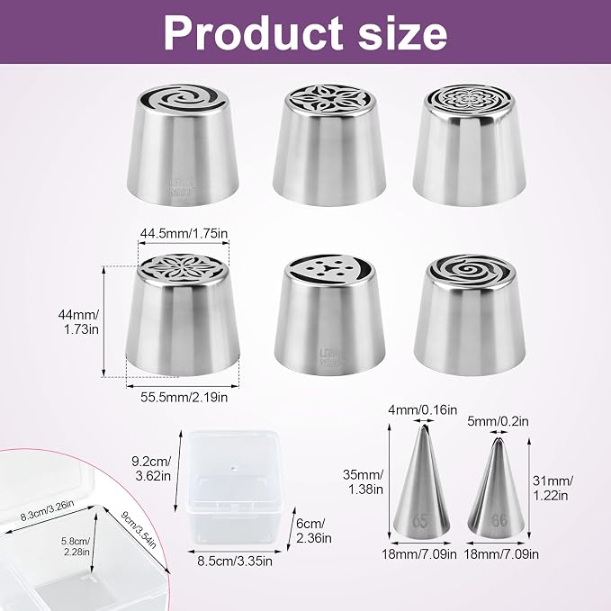 Russian Piping Tips Set, Stainless Steel Cupcake Flower Shaped Frosting Nozzle Kit with 6 Russian Piping Tip, 2 Leaf Piping Tip & Storage for Cake Decorating, Cupcake, Cookie