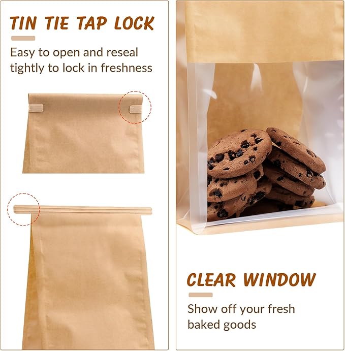 60 Pcs Bread Bags for Homemade Bread, Sourdough Paper With Window, 4.2x8.6x11.3 Inches Ties Tab Lock Large Paper Bakery Packaging Bags for Home Bakers and Bakery Owners