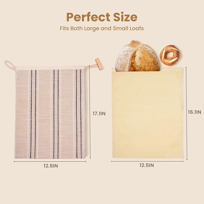 JACYAO'S Beeswax Bread Bags for Sourdough (2 Pack), Sourdough Bread Bags with Removable Beeswax Lining, Cute Cleaning Sponge and Friendly Guide for Beginner, Food Storage Container for Sourdough