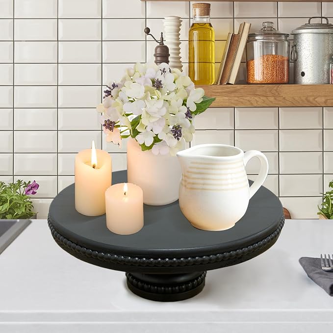 dwellington Large Round Wood Risers for Display, 12" Decorative Rustic Farmhouse Cake Stand Pedestal Tray for Home and Kitchen Decor White (Black)