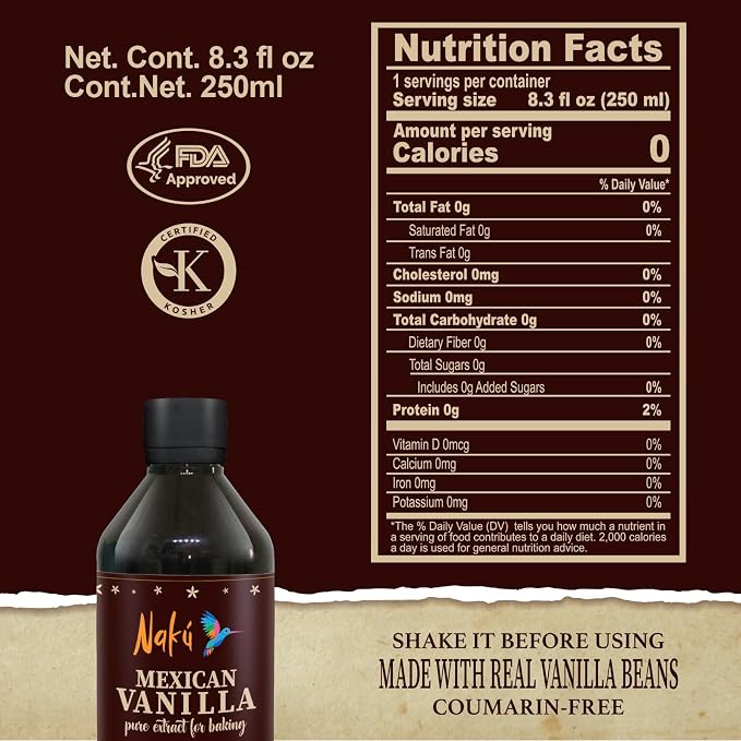 Naku Mexican Vanilla Extract - Pure and Traditional with a Piece of Vanilla Bean Inside, Perfect for Baking, Desserts (8.3 oz)