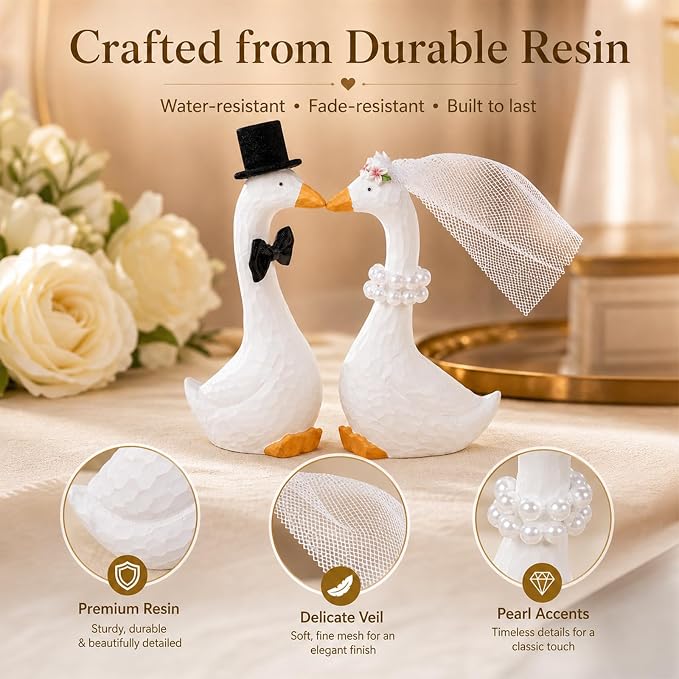 Silly Goose Wedding Cake Topper, Funny Bride and Groom Goose Decorations, Heart-Shaped Neck Couple Figurines for Wedding Cake, Engagement, Anniversary, Bridal Shower Decor