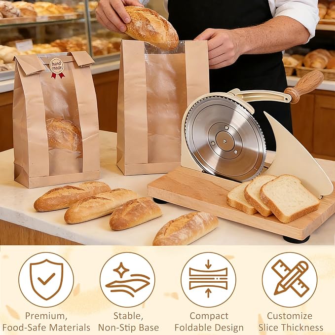 Upgraded Manual Bread Slicer for Homemade Sourdough Bread, Metal Guide & Adjustable Thickness, Classic Hand Crank Home Bread Slicer for Homemade & Commercial Use & Stainless Steel Blade