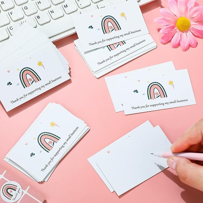 Outus 620 Pieces Thank You for Supporting My Small Business Cards and Stickers Set, Thank You Gold Foil Stickers with Resealable Packaging Bag for Business Owners Packaging Supplies (Rainbow)