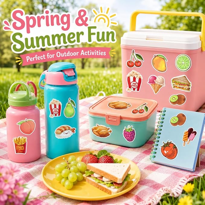 100 Pcs Food Fruit Stickers for Kids Teens Water Bottles Laptops Scrapbook Decoration Party Favors Classroom Rewards Cute Vegetable Snack Waterproof Vinyl Decals