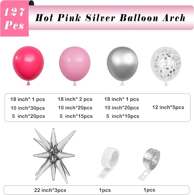Hot Pink Silver Balloons Arch Garland Kit-Macaron Pink Balloon Silver Explosion Star Foil 127Pcs for Baby Princess Birthday,Baby Shower,Anniversary,Wedding,Graduation Party Decorations.