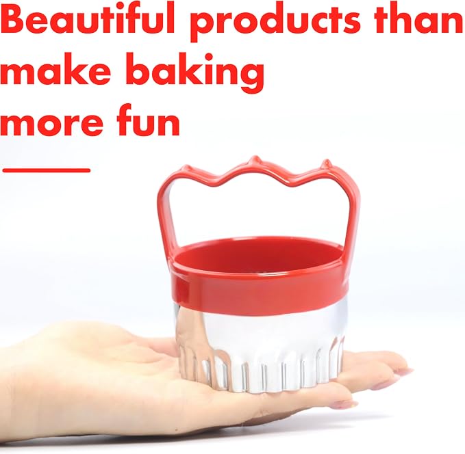 2 Pcs Fluted Round Cookie Cutters with Handle 2.5" 3.5", Scalloped Biscuit Cookie Cutter Set with Comfortable Red Silicone Handles, Durable Stainless Steel, 2-Inch Deep Cutters