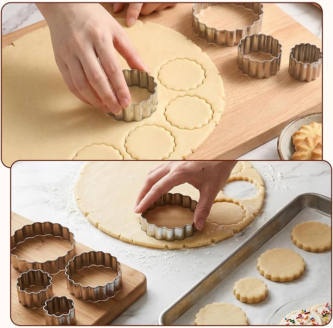 5 Pce Fluted Round Cookie Cutter Set, Circle Shaped Geometric Circle Cookie Cutter for Kitchen Baking, Donut Cutter Ring Scalloped Edge Wavy, Stainless Steel, (1.6", 2", 2.4", 2.8", 3.1")