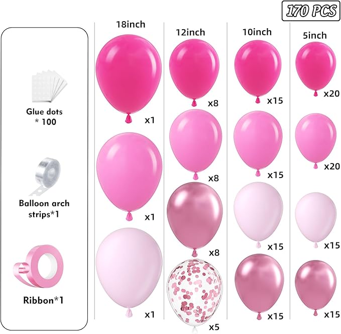 Pink Balloons Garland Arch Kit 170pcs, Hot Pink Metallic Pink Shades of Pink Valentine's Day Balloons for Birthday Wedding Princess Theme Engagements Baby Shower Party Decorations