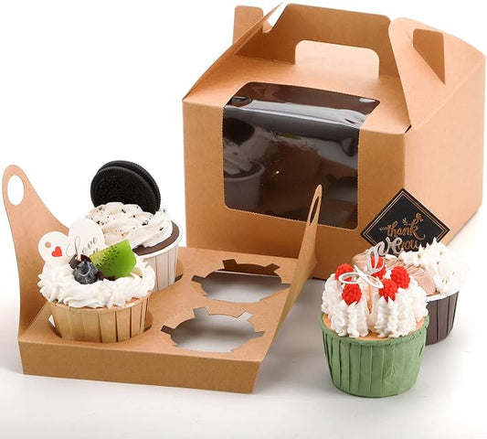 Jucoan 40 Pack Kraft Gable Bakery Treat Boxes with 4-Count Cupcake Insert, Clear Window & Handle, Rustic Paper Gift Box Lunch Togo Boxes for Muffins, Cupcakes, Cookies, Birthday Wedding Party Favors