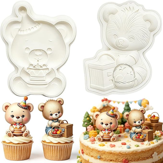 2Pcs 3D Cute Teddy Bear Silicone Fondant Molds, Birthday Party Picnic Bear Chocolate Candy Mold for Baking, Cake Decorating, Gum Paste, Cupcake Toppers, DIY Crafts, Easy Demold Pastry Tool