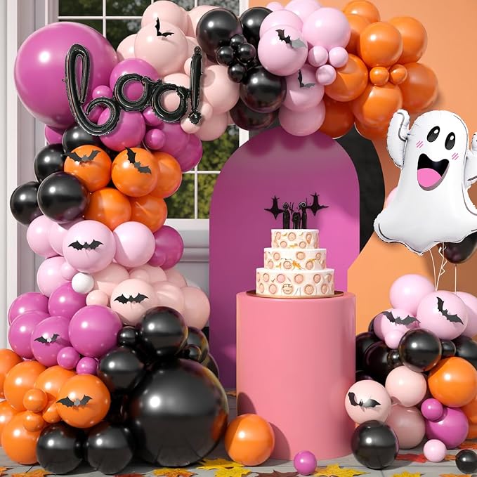 Halloween Balloon Arch Garland, Pink Halloween Party Decorations with Cute BOO Ghost Foil Balloons, Retro Pink Orange Apricot Latex Balloon Bat Sticker for Kids Aldult Birthday Background