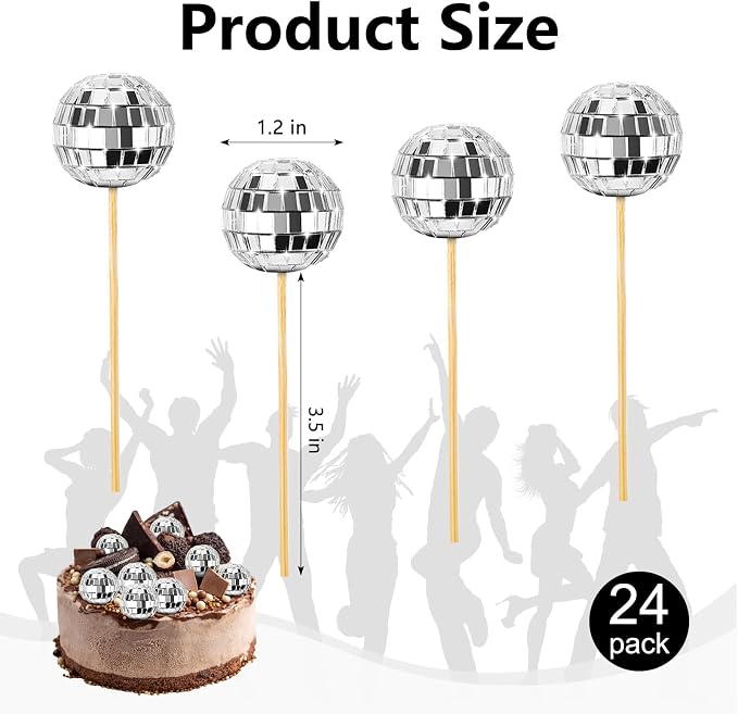 Soelomu 24 Pcs Disco Ball Cupcake Toppers, Mini Disco Ball Cake Picks Birthday Cake Decorations for 1970s Disco Theme Party Favor