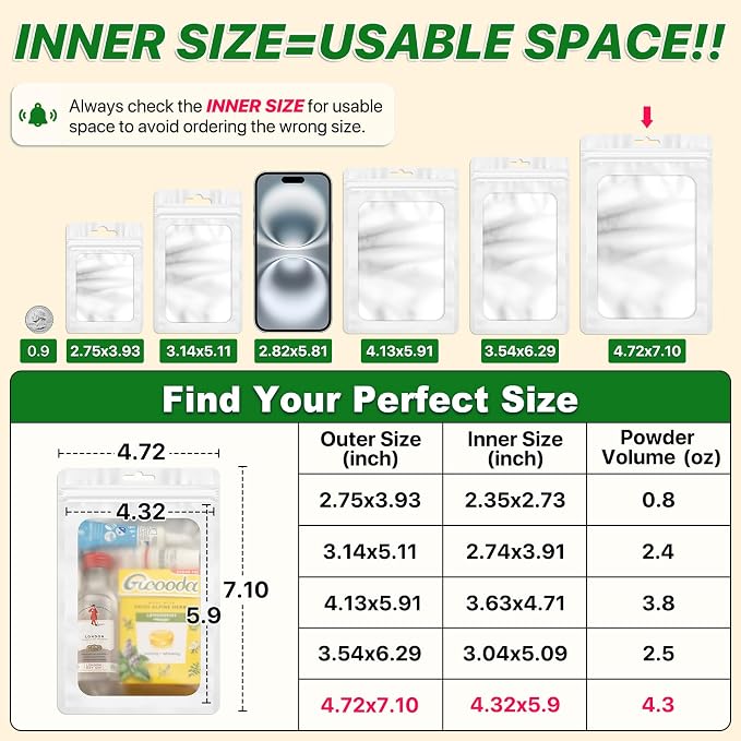 ANZNKU 100 PCS Resealable Mylar Bags with Frosted Clear Window Packaging Bags Foil Pouch Zipper Bag for Food Self Sealing Storage Supplies (4.72x7.1, White)