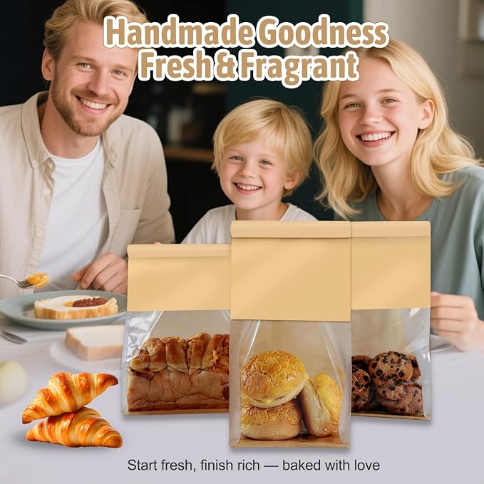 Bakery-Grade Bread & Cookie Bags, 2-Size 25PCS Luxury Brown Paper Bags with Clear Window & Reusable Tin Tie, Odor-Free Safe for Sourdough, Homemade Bread, Popcorn, Bake Sales & Snack Storage