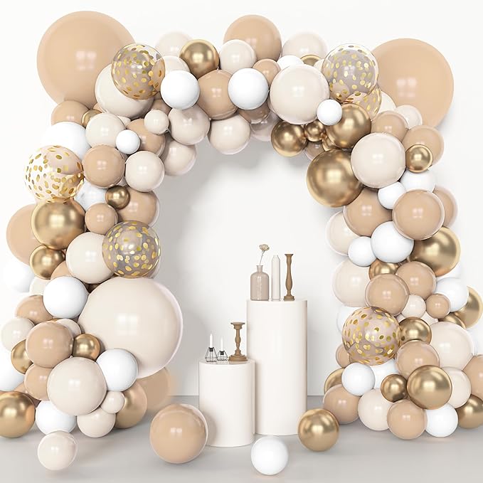 Amandir 153pcs White Sand Balloon Garland Arch Kit, Different Sizes 18 12 10 5 inch Beige Cream Champagne Gold Latex Metallic Confetti Balloons for Boho Neutral Baby Shower Birthday Party Decorations
