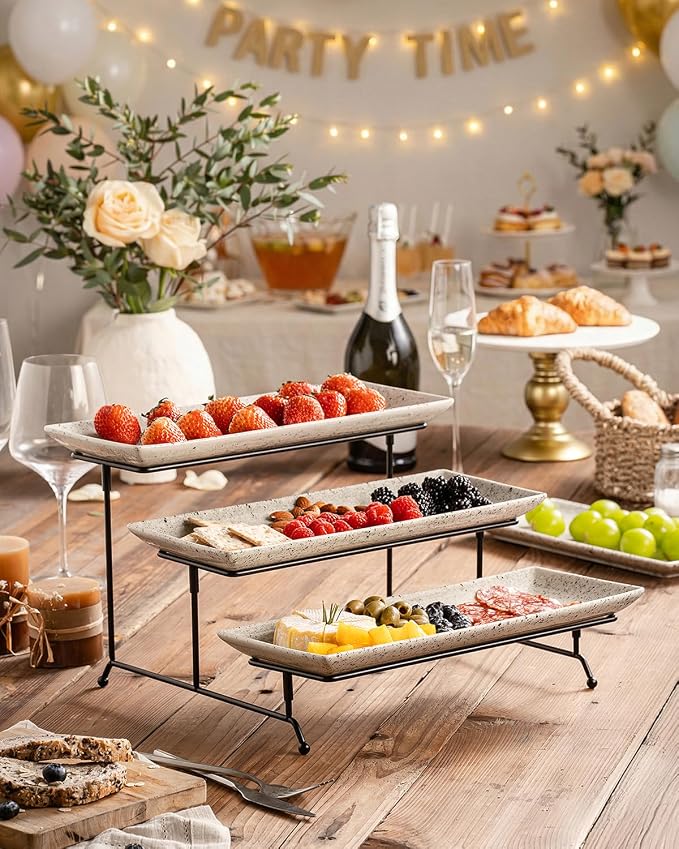 LAUCHUH 3 Tier Serving Trays for Party, 14 inch Porcelain Tiered Tray Stand Serving Platter with Collapsible Sturdier Rack Serving Dishes for Father's Day Entertaining, Speckled Glaze