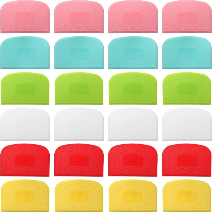 Uiifan 24 Pcs Plastic Bench Scraper with Scale Flexible Dough Multipurpose Cake Cutter Pizza Dough Spatula Food Scraper Tool Gift for Bread Pastry Fondant Icing, 6 Colors