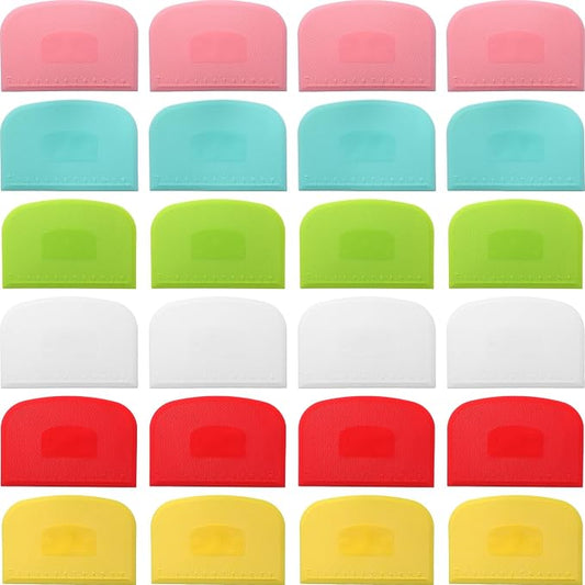 Uiifan 24 Pcs Plastic Bench Scraper with Scale Flexible Dough Multipurpose Cake Cutter Pizza Dough Spatula Food Scraper Tool Gift for Bread Pastry Fondant Icing, 6 Colors