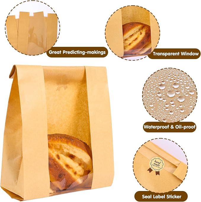 Moretoes Large Paper Bread Bags for Homemade Bread, 50Packs Sourdough Bread Bags with Window Includes Label Seal Stickers for Baked Food Packaging Storage (13.7x8.3x3.5 Inch), Brown