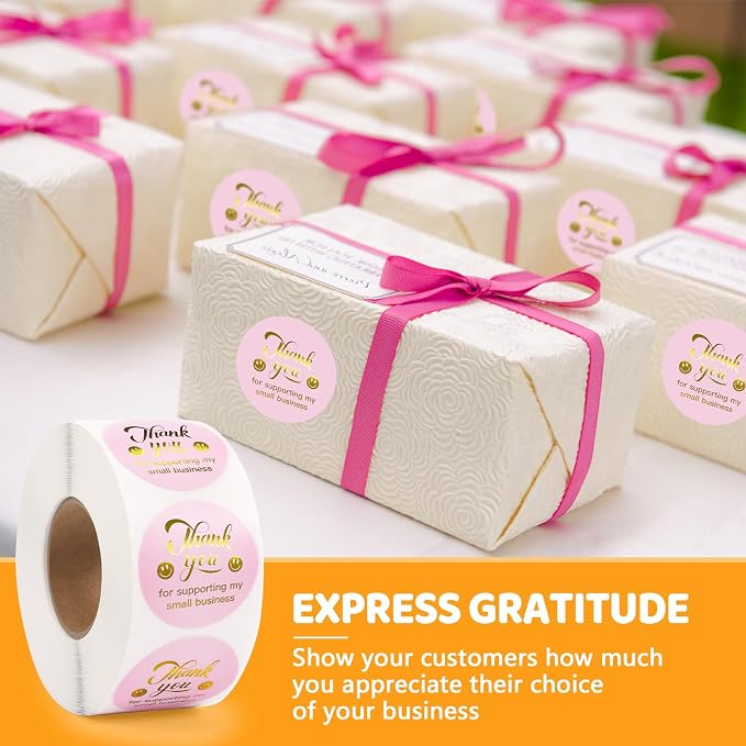 1000 PCS Thank You Stickers for Small Business, Pink and Rose Gold | 1.5 Inch, Smile Design Stickers, Envelope Seals for Packaging, Gift Bags, Boxes