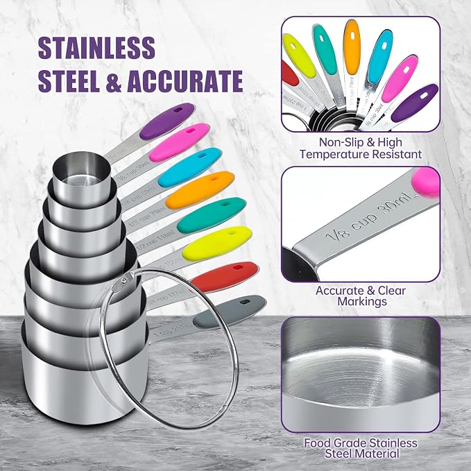 16PCS Magnetic Measuring Spoons and Measuring Cups Set, 7 Double-Sided Spoons& 1 Leveler and 8 Measuring Cups, Multicolor, Stainless Steel, Fits Spice Jars, Large Capacity Measurement