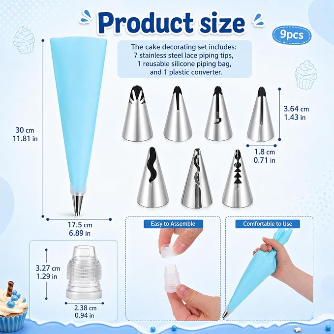 Piping Tip Set, Cake Decorating Tips, Ruffle Piping Tips, Seamless Stainless Steel, Pleated Skirt Piping-Nozzles Set for Cake Cupcakes Cookies, 9 Pieces