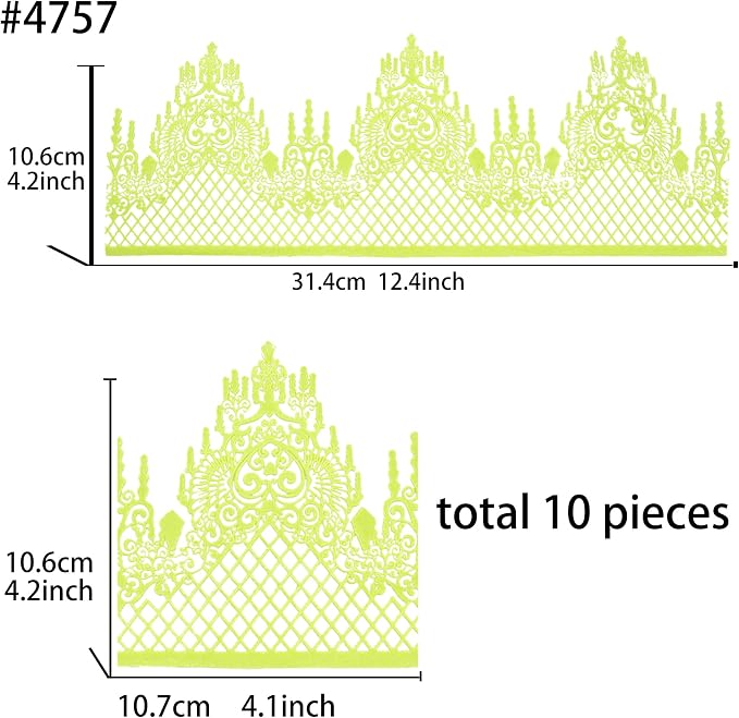 Large Pre-Made Ready to Use Edible Cake Lace Lattice Diamond Scallop Green 12-inch 10-Piece Set