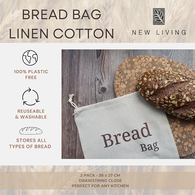 Bread Bag 2 Pack Natural Linen | Food Storage Bag | Linen Cotton Blend | 38x27 cm | Eco Product | Plastic Free