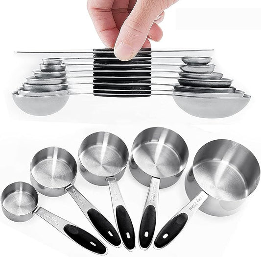 Warmheart Measuring Cups and Magnetic Measuring Spoons Set, Stainless Steel 5 Cups and 7 Spoons and 1 Levele (Black)